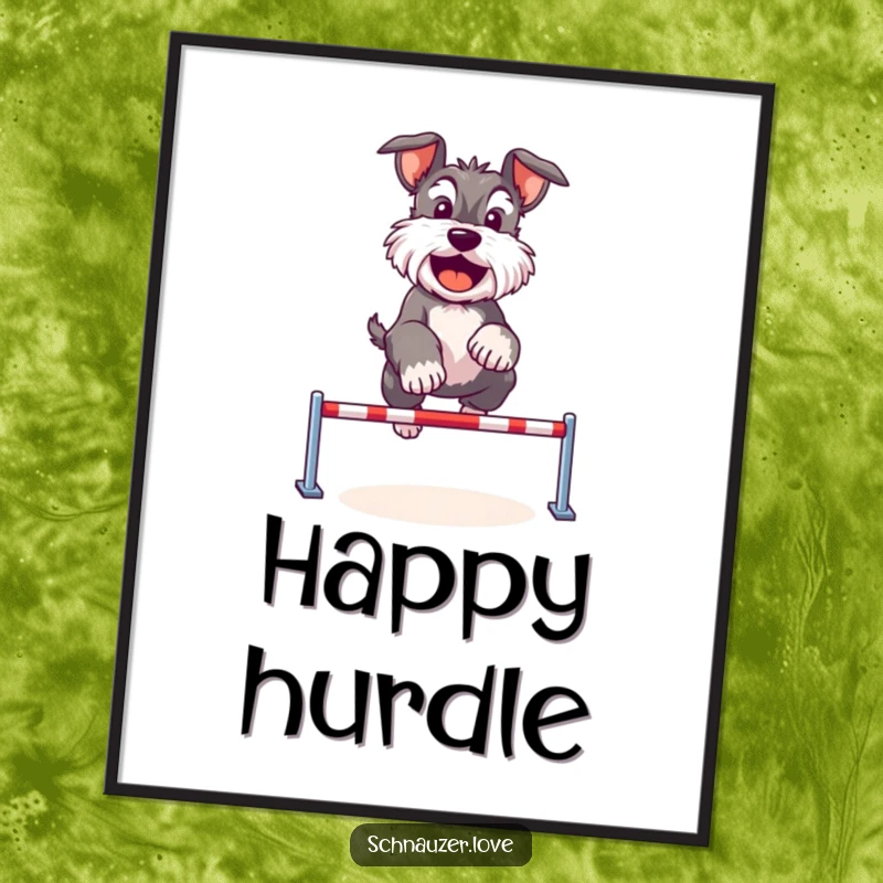 Funny Schnauzer digital art print of a cute dog happily jumping over a tiny hurdle, radiating athletic and humorous energy instantly.