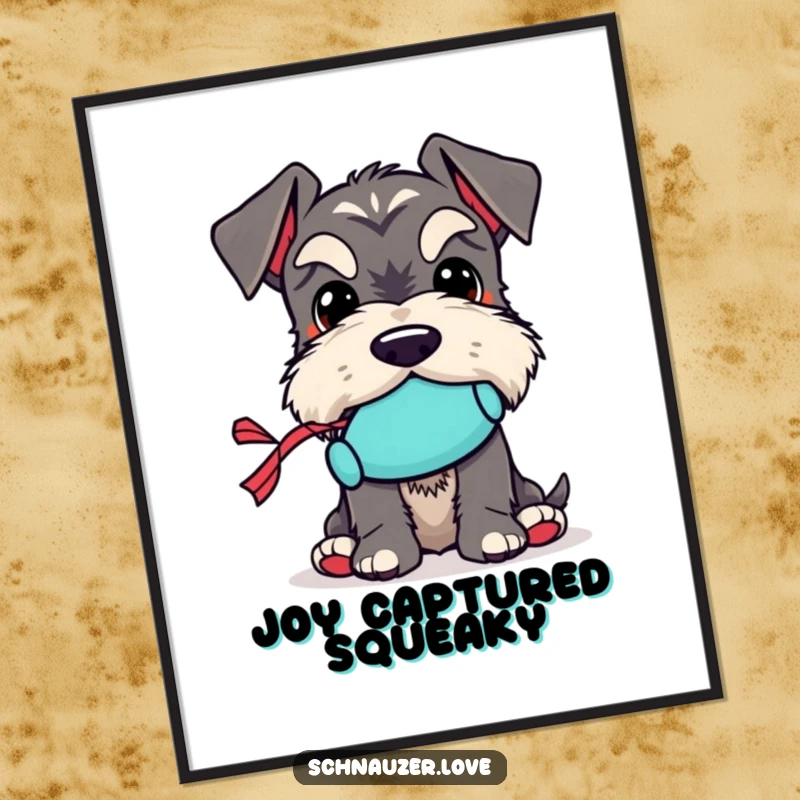 Funny Schnauzer Digital Art: A schnauzer character holding a tiny squeaky toy in its mouth, ideal for printable decor.
