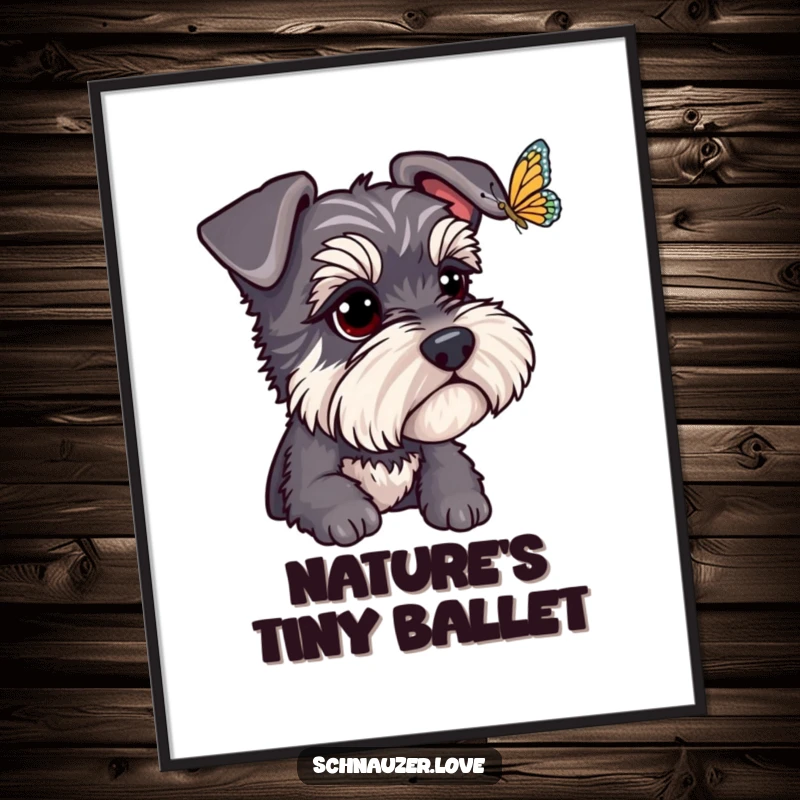 Funny Schnauzer Digital Art Print: A schnauzer intently watches a butterfly, creating a humorous and captivating artwork for instant decor. Funny gift.