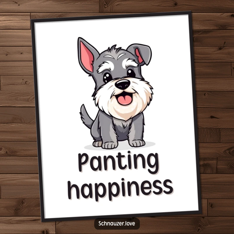 Funny Schnauzer Digital Art Print: Bearded schnauzer panting happily with a wagging tail, a humorous and joyful artwork.