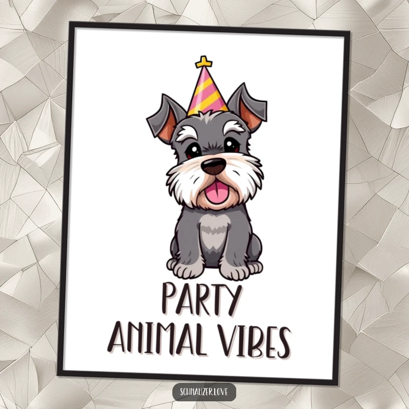 Funny digital art print of a schnauzer character wearing a festive party hat, tilting its head in a cute, curious, and celebratory pose.