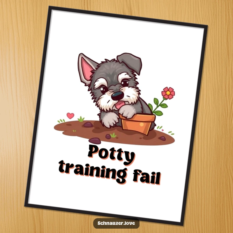 Funny schnauzer digital art print, a high-resolution image of a fluffy dog joyfully digging in a small flower pot, dirt flying.