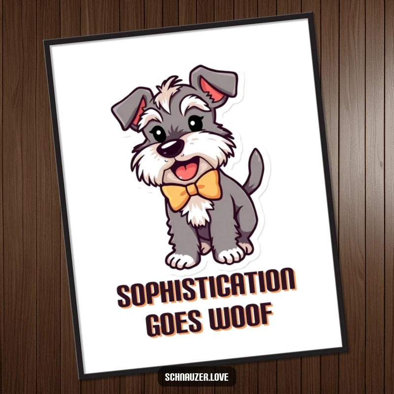 Funny Schnauzer Digital Art: An excited schnauzer wearing a bow, wagging its tail, perfect for printable wall decor.