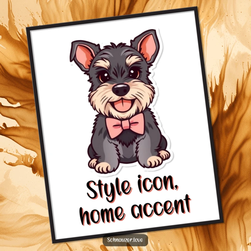 Funny Schnauzer Digital Art Print showing a smiling dog with a tiny, dapper bowtie, perfect for stylish and humorous wall decor.