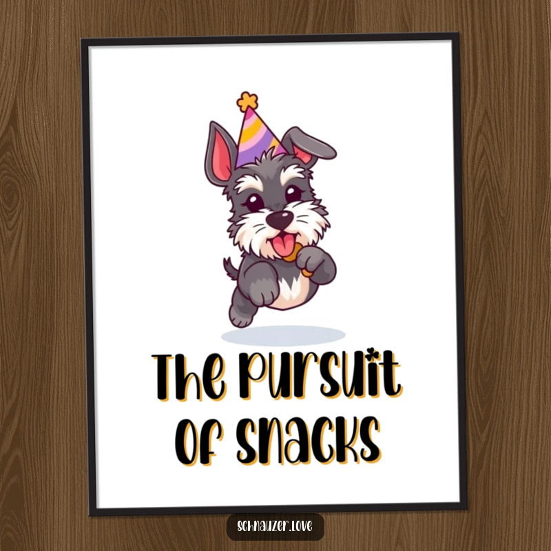Funny Schnauzer digital art print of a dog in a party hat leaping enthusiastically for a treat, full of motion.