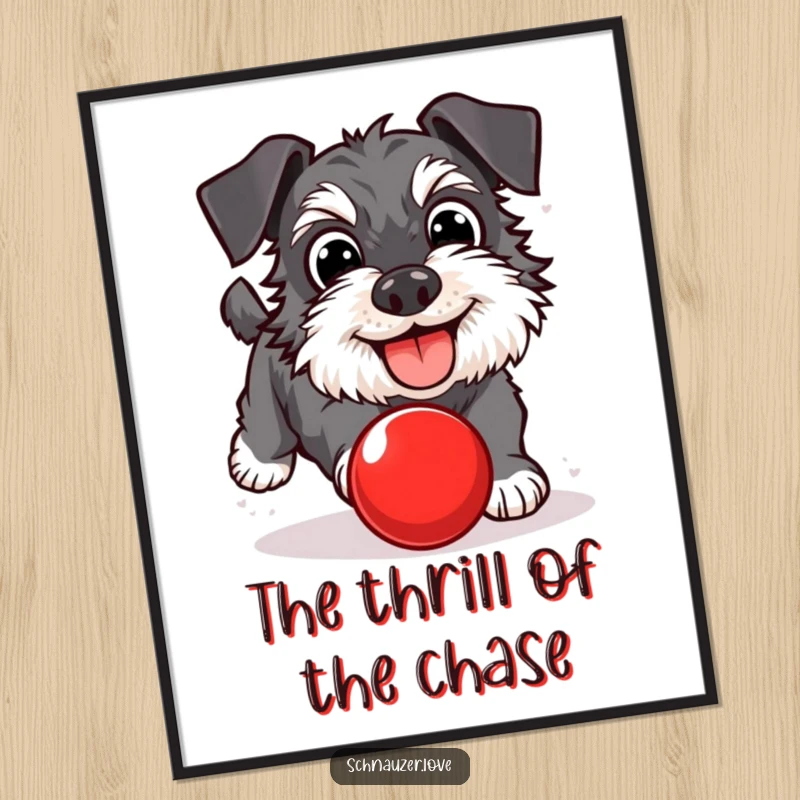 Funny Schnauzer Digital Art Print: A happy dog with wide eyes, chasing a red ball. Instant humorous wall art for joy seekers.