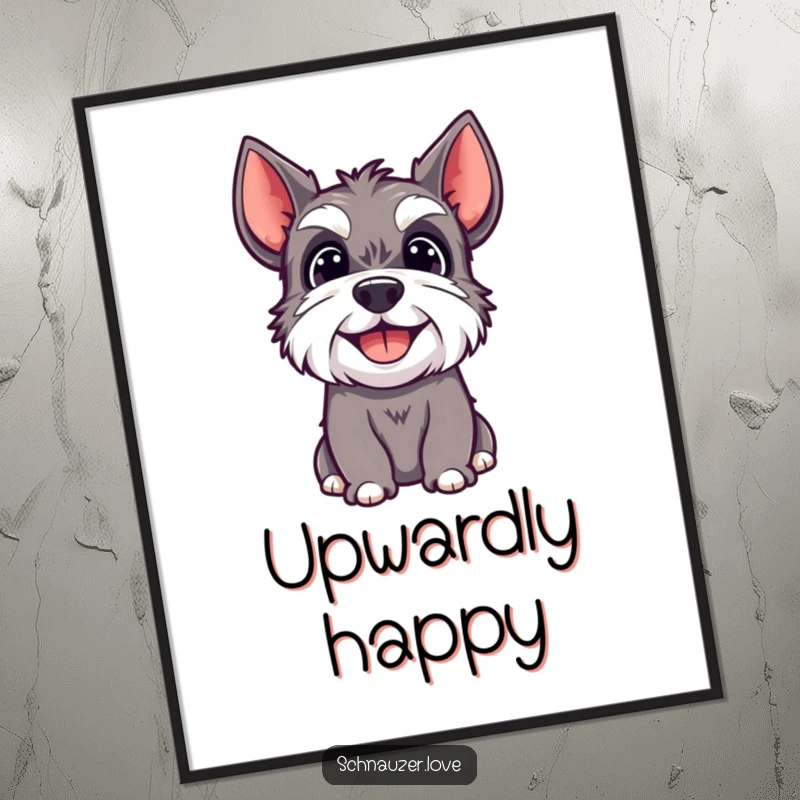 Funny digital art print of a happy schnauzer dog looking upwards with a joyful and adoring expression.