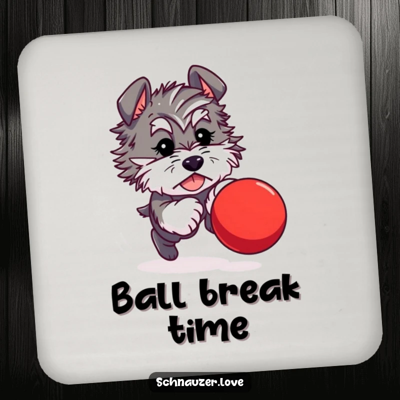 Funny drink coaster illustration of a fluffy schnauzer character chasing a bouncing red ball, a playful addition to any table.