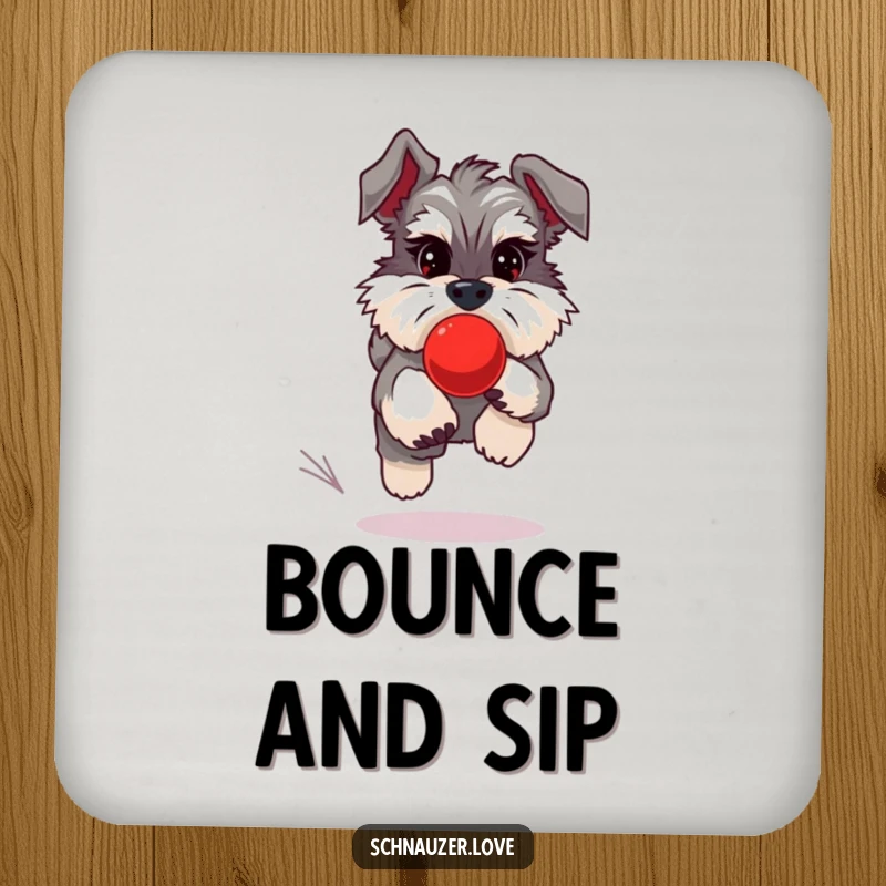 Funny Schnauzer Coasters showing a schnauzer chasing a red bouncing ball, adding playfulness and protection to tables.