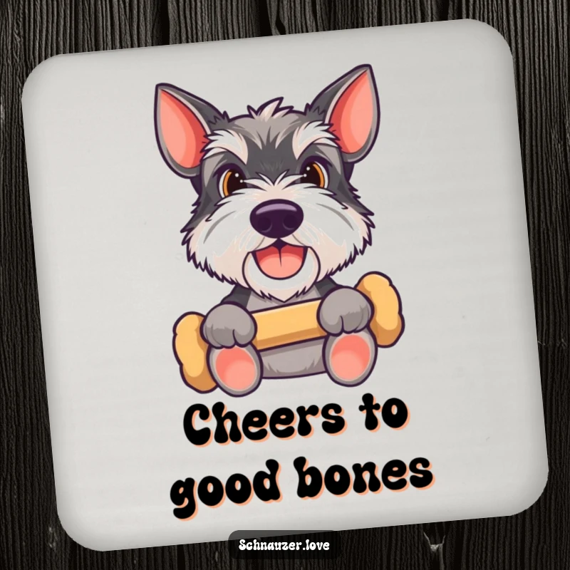 Funny Schnauzer coaster featuring a happy dog holding a bone, looking up expectantly, protecting surfaces with canine anticipation and humorous appeal.