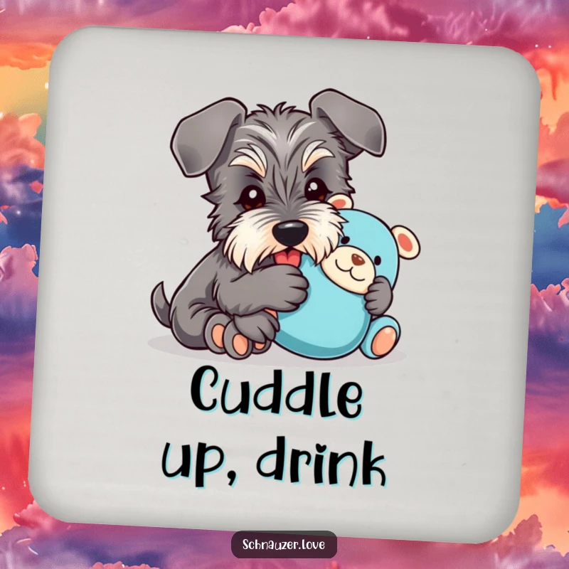 Funny Coaster: A happy schnauzer with floppy ears cuddles a plush toy, offering humorous surface protection for drinks.
