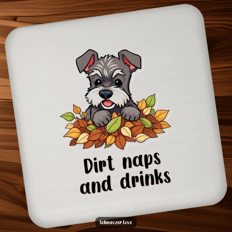 Funny Schnauzer Coaster Set: Features a schnauzer playfully digging in leaves, offering protection with autumnal charm.