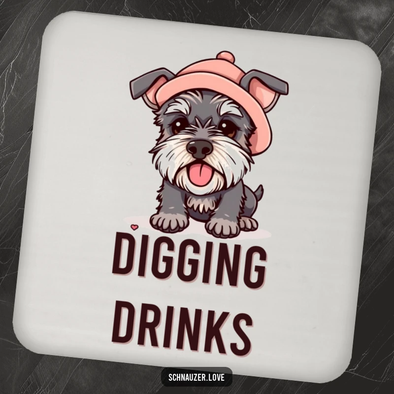 Funny drink coasters featuring a schnauzer in a tiny hat digging enthusiastically, providing humorous protection for surfaces.