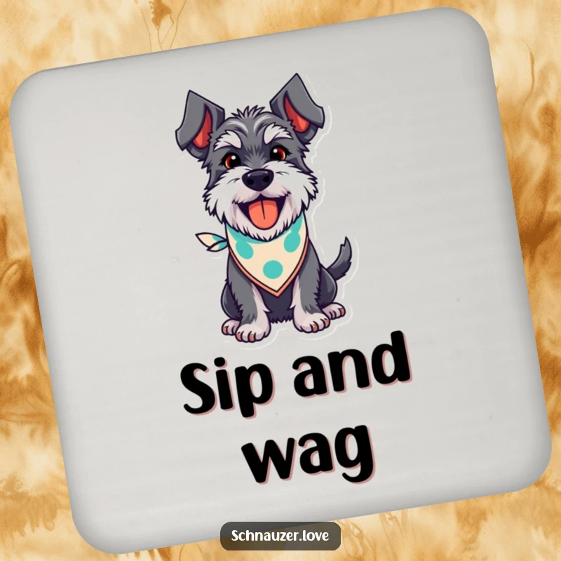 Funny Schnauzer Coaster: A happy schnauzer wearing a bandana, panting with a wagging tail, guarding your furniture with a smile.