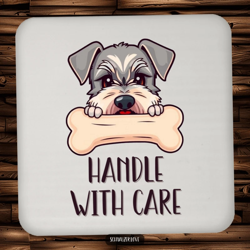 Funny Schnauzer coaster depicting a schnauzer peeking over a large bone, a humorous addition to any table.
