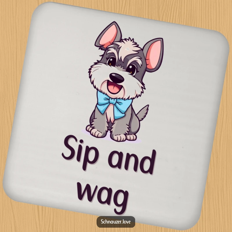 Funny Schnauzer Coasters: Set of coasters featuring an excited schnauzer wearing a bow and wagging its tail, adding humor.
