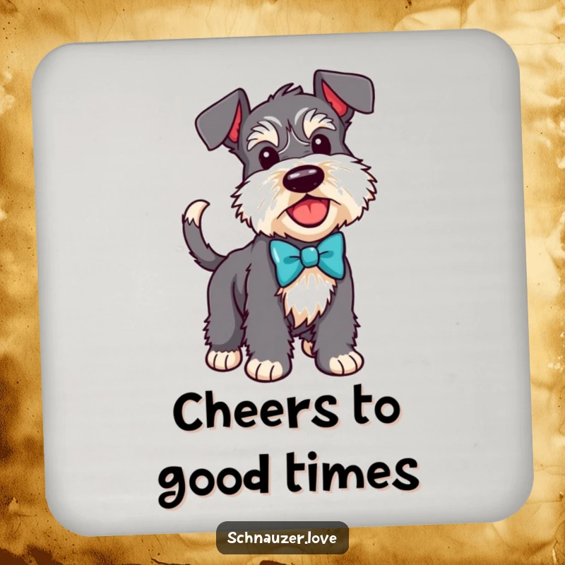 Funny Schnauzer coaster with a dog in a bow tie and wagging tail, adding stylish protection to surfaces.