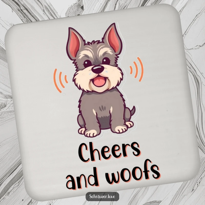 Funny Coaster featuring a happy schnauzer silhouette with playful bark sound waves, protecting surfaces with canine charm.