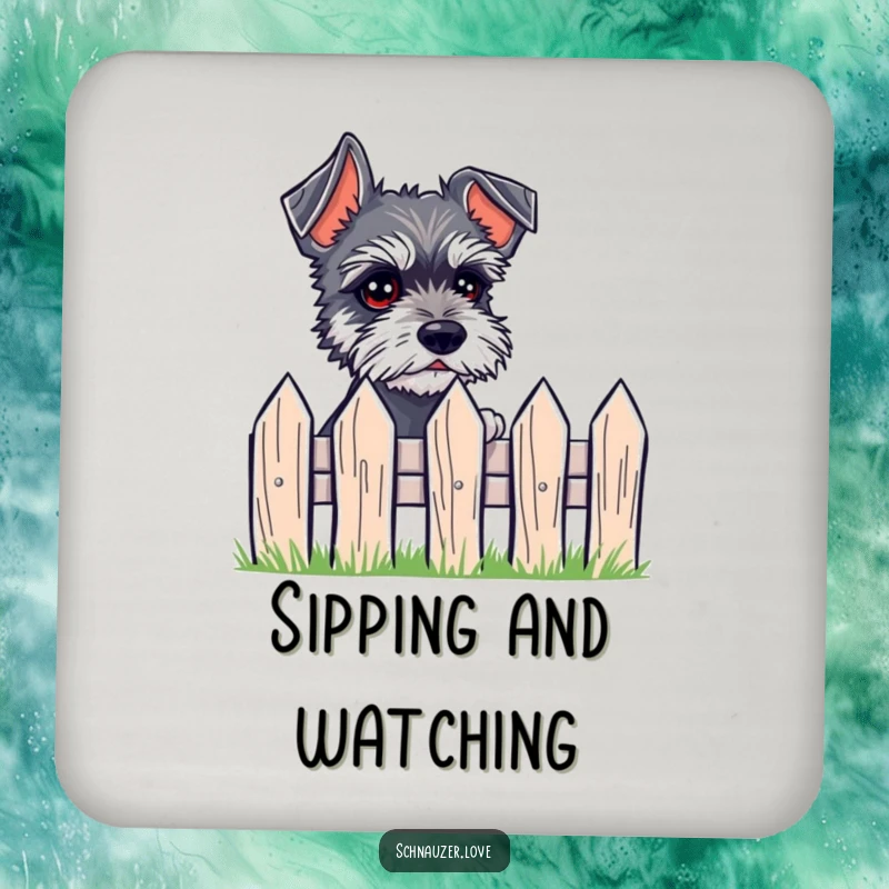 Funny Coaster featuring a small schnauzer with expressive eyes peeking over a tiny fence, adding charming interest.