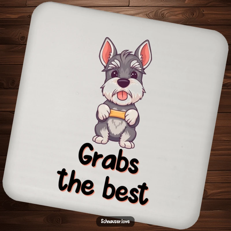 Funny Schnauzer coasters showing a proud schnauzer with a bone, protecting surfaces with humor.