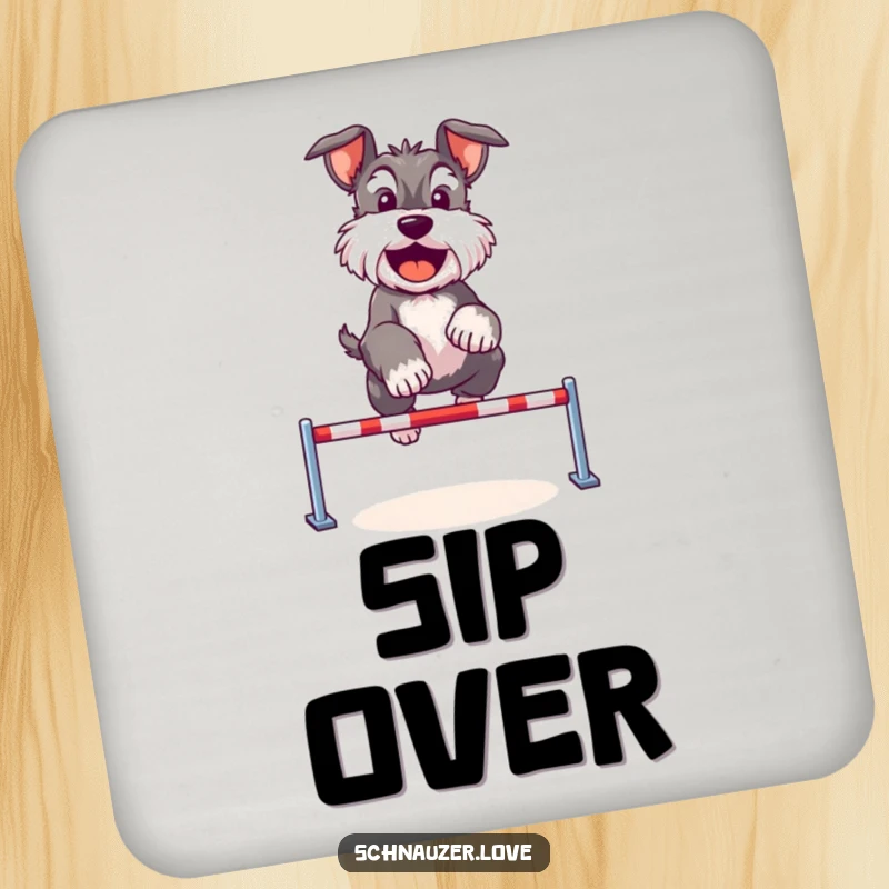 Funny Schnauzer drink coaster featuring a cute dog happily jumping over a tiny hurdle, adding athletic flair and surface protection.