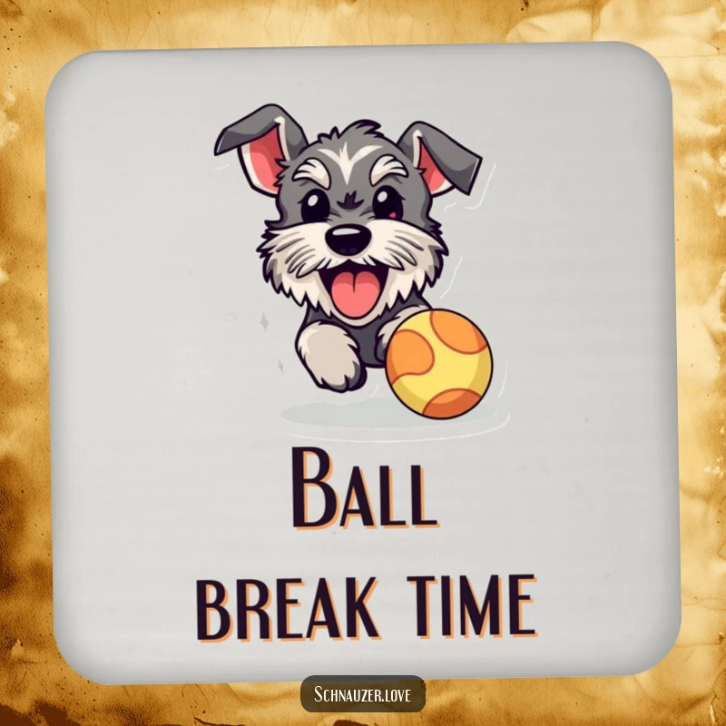 Funny schnauzer drink coaster, a happy dog with its tongue out, chasing a bouncy ball, adding a touch of playful energy.