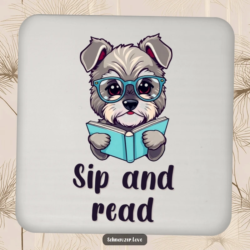 Funny schnauzer drink coaster, a fluffy dog wearing reading glasses, holding a book, adding a touch of scholarly charm to tabletops.