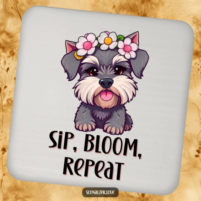 Funny Schnauzer Coaster: A playful dog with a flower crown, shaking its head. Protects furniture with humor, a cute funny gift.