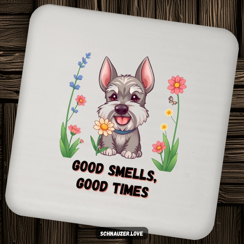 Funny Schnauzer drink coaster with a happy dog sniffing a flower, adding humor and protecting surfaces.