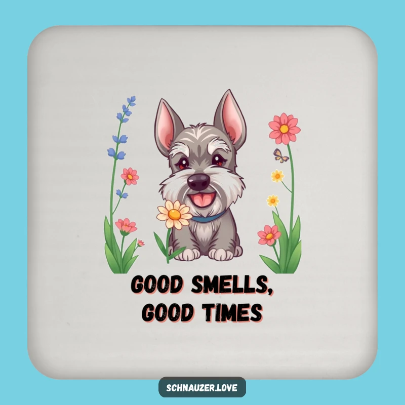 Funny Schnauzer Flower Sniffing Drink Coaster: Protect Surfaces with This Hilarious Pup's Charm