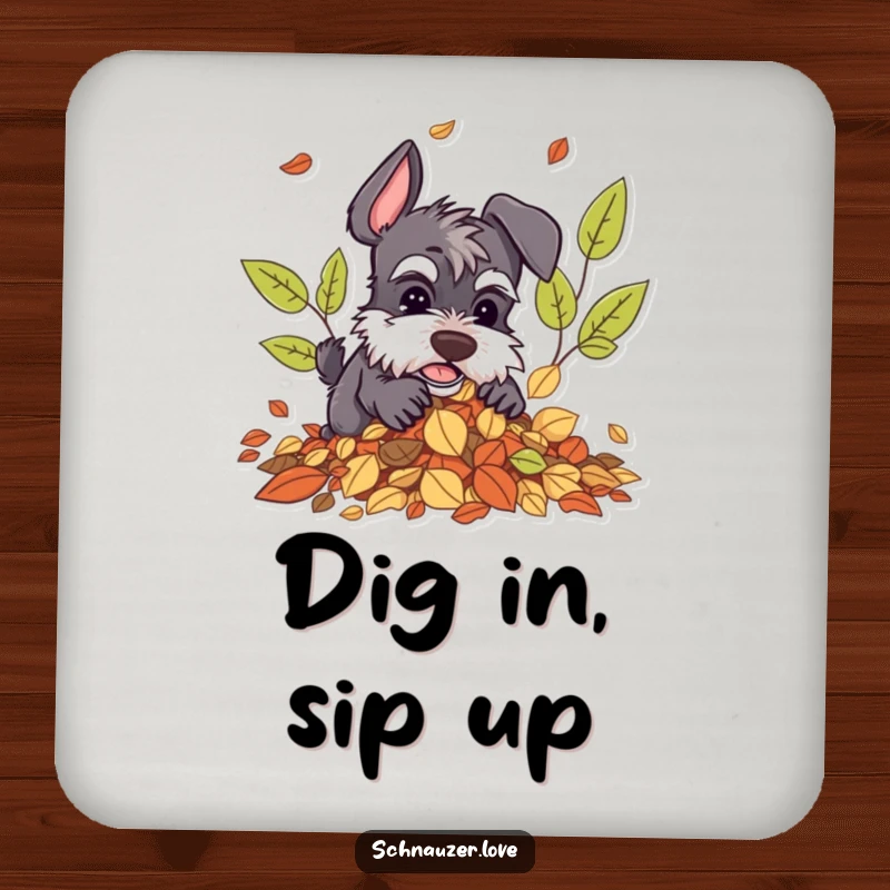 Funny Schnauzer Coasters: Set featuring a schnauzer character digging in autumn leaves, adding humorous fall decor.