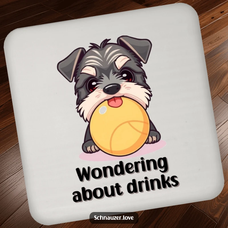 Funny Schnauzer coaster with a dog peeking over a ball, tongue slightly out, adding playful protection.