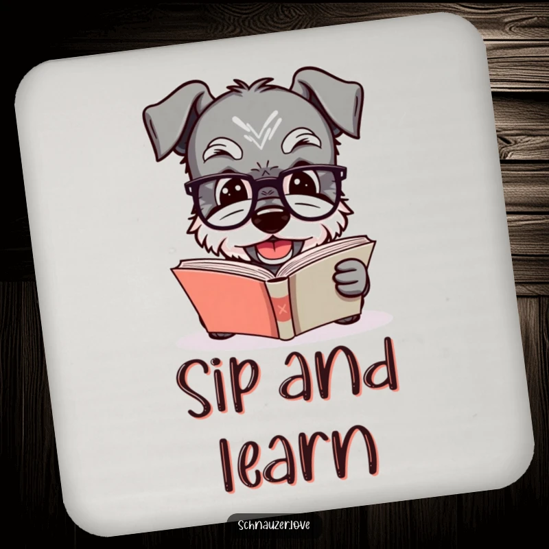 Funny Schnauzer coaster featuring a dog in glasses reading a book, protecting surfaces with intellectual charm and humorous canine appeal.
