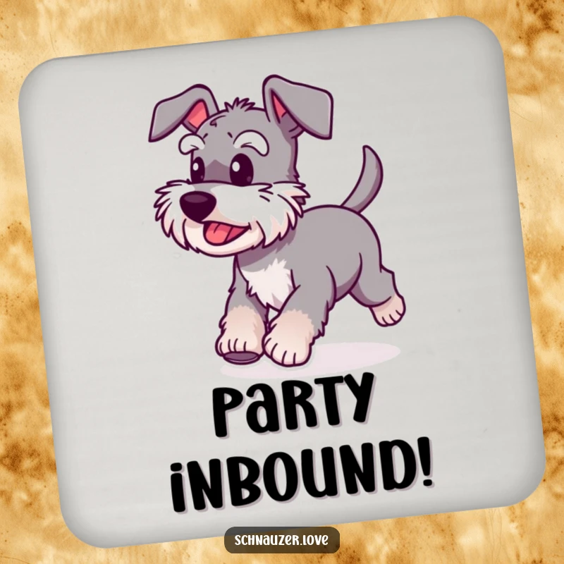 Funny Schnauzer Coaster of a happy dog with a wagging tail, running with great speed, adding a humorous touch.