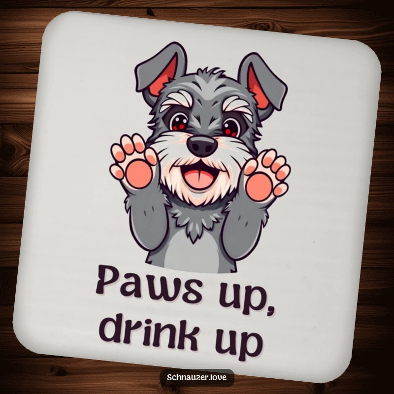 Funny schnauzer coaster with paws up in playful surrender, a happy dog hilariously giving up, protects surfaces.