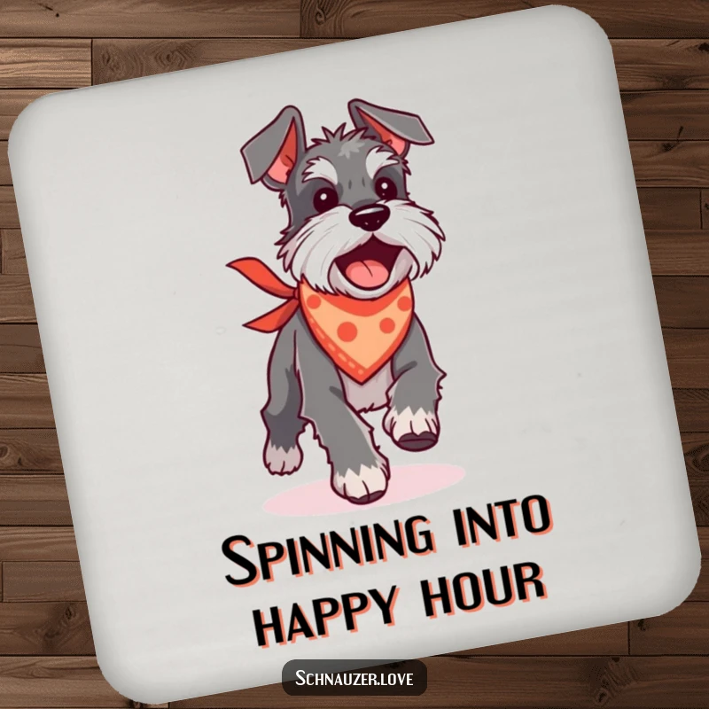 Funny Schnauzer coaster with a dog in a bandana chasing its tail, adding playful protection to surfaces.