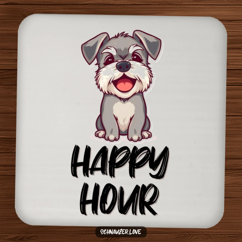 Funny drink coasters featuring a schnauzer with floppy ears barking happily, providing humorous protection for surfaces.