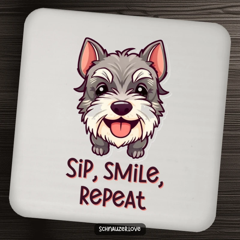 Funny Schnauzer Coaster featuring a happy dog with its tongue sticking out, protecting surfaces with a smile and pure joy.