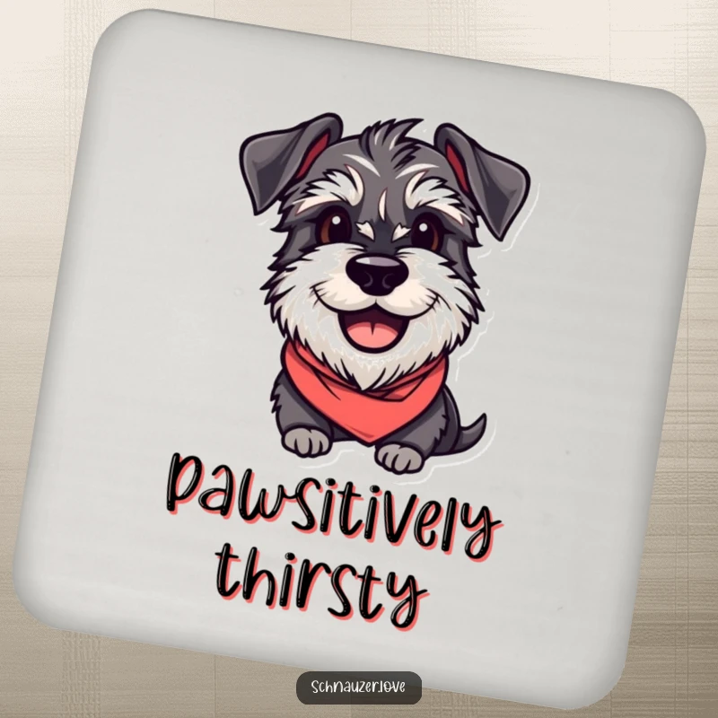 Funny Schnauzer Coasters: A smiling schnauzer in a bandana, protecting surfaces with humor, a set of fun drink coasters.