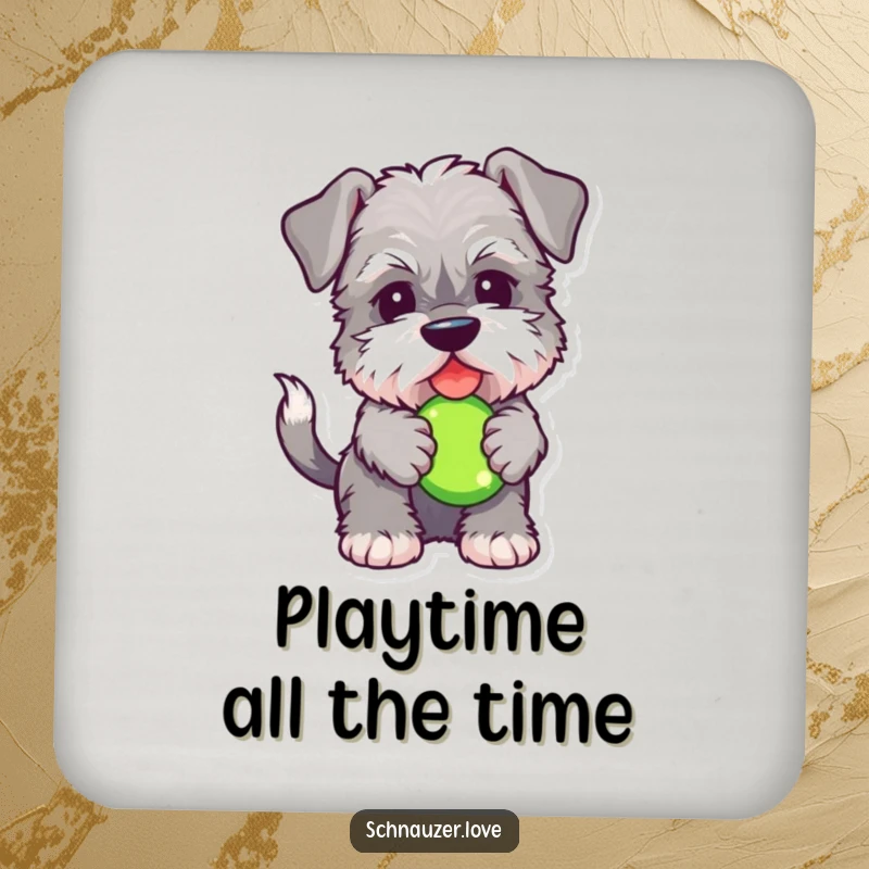 Funny Schnauzer coaster featuring a fluffy dog with a squeaky toy, protecting surfaces with canine charm and a dose of pet-loving humor.
