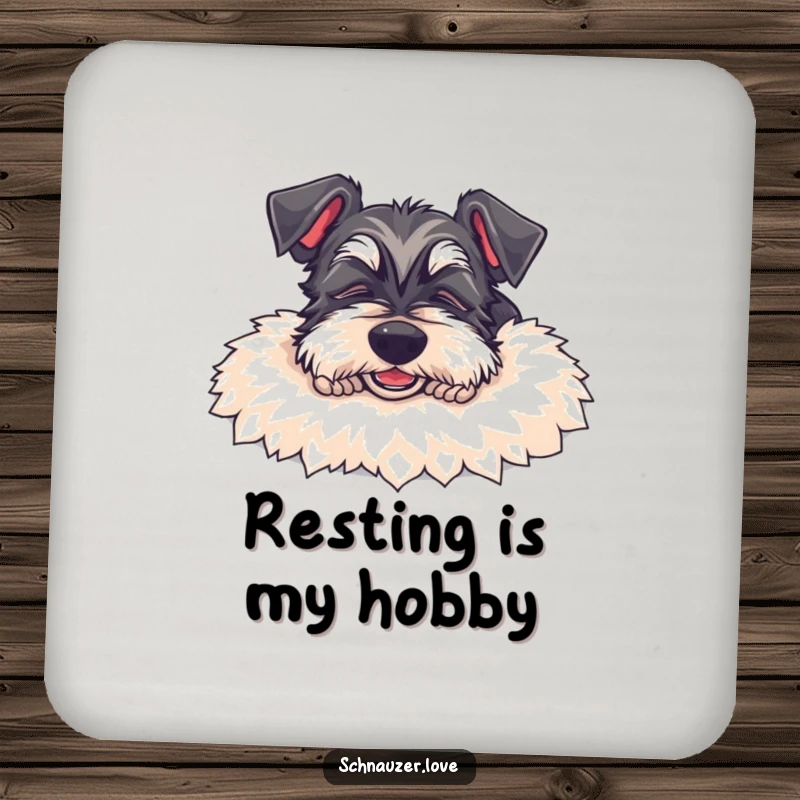 Funny Schnauzer Coasters: A content schnauzer dog sleeps on a rug, showcasing a humorous and protective design for your drinks.