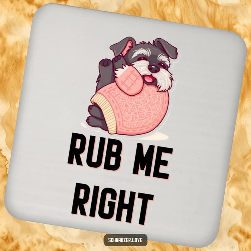 Funny Schnauzer Coasters: Schnauzer in a sweater rolling for belly rubs, adding humor and protection to tables.