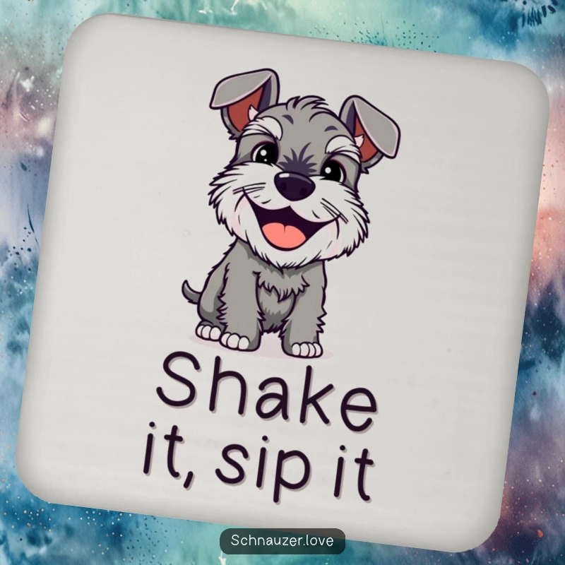 Funny Coaster: A schnauzer with a happy grin shakes its body, offering humorous surface protection for drinks.