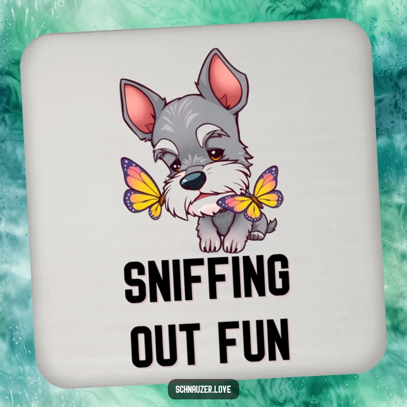 Funny Schnauzer Coaster: A curious schnauzer with perked ears sniffing a colorful butterfly, protecting drinks with style.
