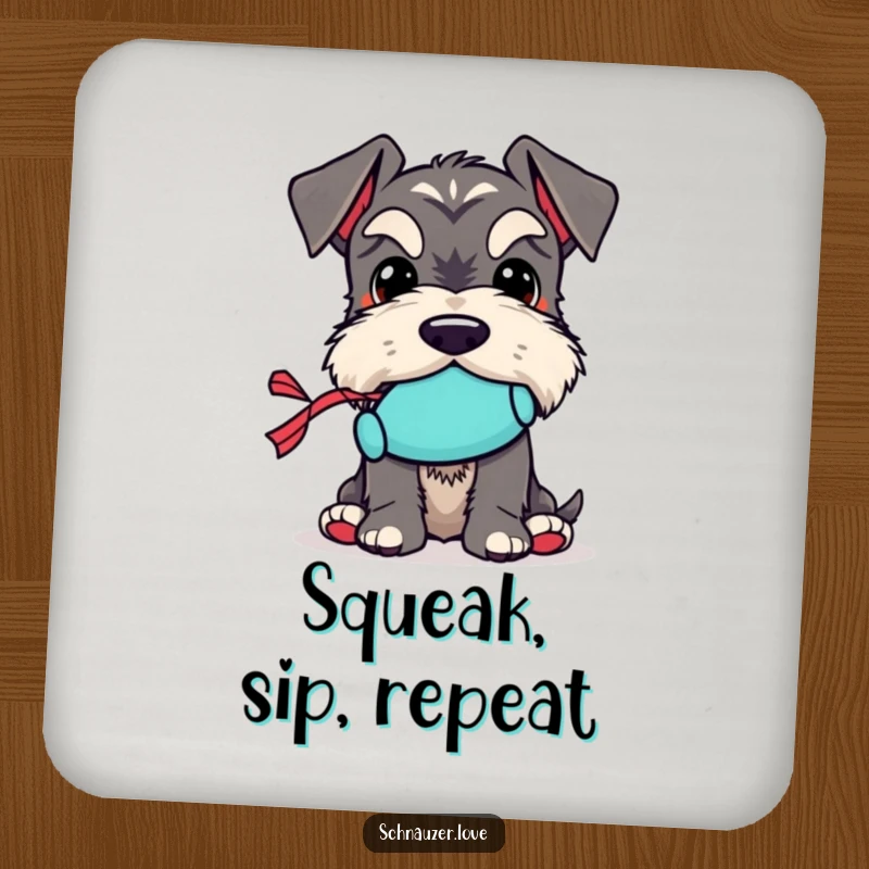 Funny Schnauzer Coaster Set: Features a schnauzer character holding a small squeaky toy, protecting surfaces with charm.