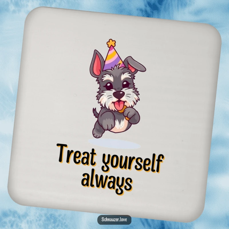 Funny Schnauzer coaster with a dog in a party hat jumping for a treat, adding playful protection to surfaces.