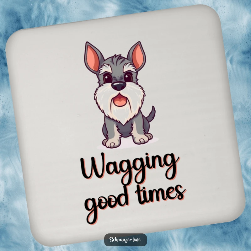 Funny Coaster featuring a stylized schnauzer with a perky beard, its tail wagging, adding a touch of humor to drinks.