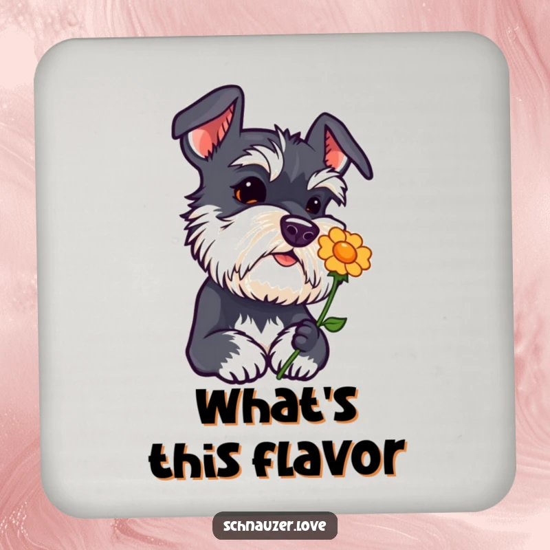 Funny schnauzer coaster with head tilted curiously sniffing a flower icon, an adorable and inquisitive dog, table protection.