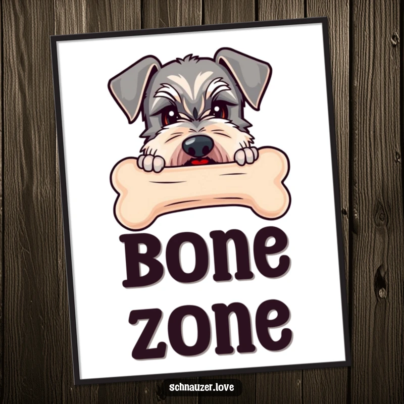 Funny Schnauzer poster art of a schnauzer peeking over a big bone, capturing a moment of intense focus.
