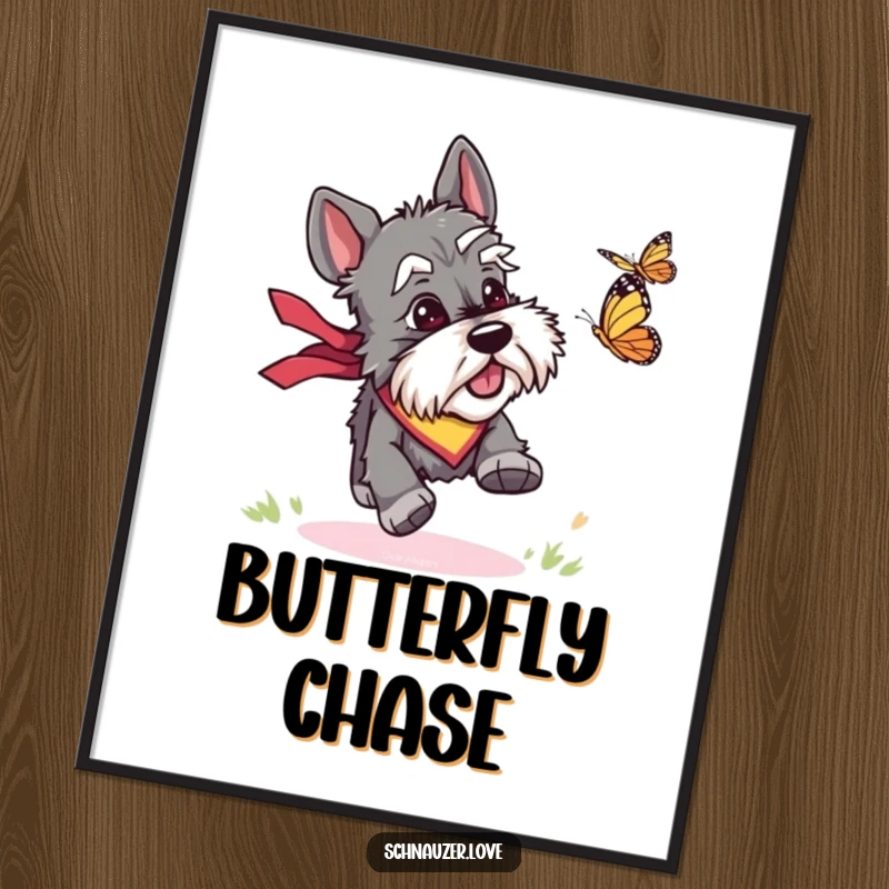 Funny poster art of a bandana-wearing schnauzer in full chase after a butterfly, capturing a dynamic and humorous moment.